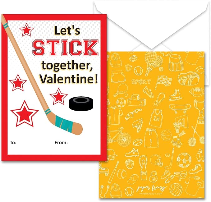 Paper Frenzy Hockey Themed Valentines - 25 pack WITH ENVELOPES