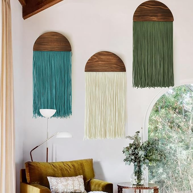 Macrame Wall Hanging Boho Wal Decor 3 Pcs Multicolor Combination Fiber Art Boho Home Decor Fringe Art for Living Room Bedroom or Office Modern Minimalist Wall Decoration 13.7" W x 30" L