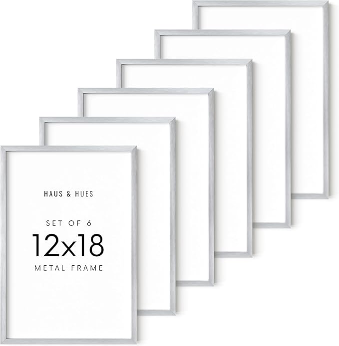 HAUS AND HUES 12x18 Silver Metal Picture Frames - Premium Aluminum with Vertical & Horizontal Hanging, Shatterproof Plexiglass - Perfect for Home or Office (12x18 in, Silver, Set of 6)