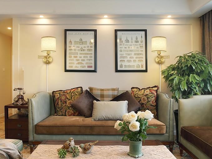 Plug in Wall Sconces with Remote Control, Dimming & Adjustable Colors 2700K-6500K, Hardwire or Plug-in, Swing Arm Wall Lamp with Linen Fabric Shade, Wall Sconces Set of Two, Gold Finish