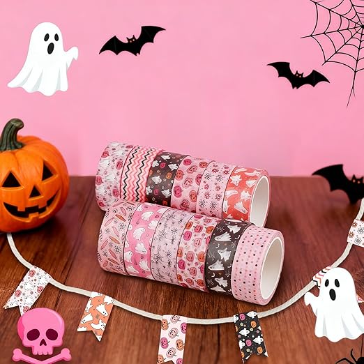 12 Rolls Halloween Washi Tape, Cute Ghost Pumpkin Spiders Masking Tape Boho Holiday Decorative Tapes Set for Scrapbooking, DIY Crafts, Party Decor 16.4FT