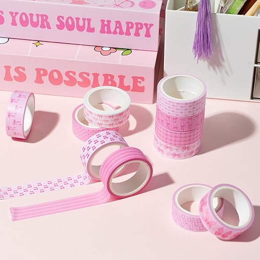 12pcs Coquette Pink Washi Tape, Trendy Watercolor Pink Bow Cherry Preppy Aesthetic Decorative Tape, Cute Bowknot Heart Buffalo Plaid Artistic Tape for DIY Craft Scrapbook Wrapping Decor