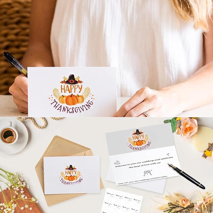20 Pack Happy Thanksgiving Greeting Cards 4 x 6 Inch Bulk Fall Card Blank Autumn Thank You Cards with Kraft Envelope & Harvest Stickers Suitable for Thanksgiving Party Supply