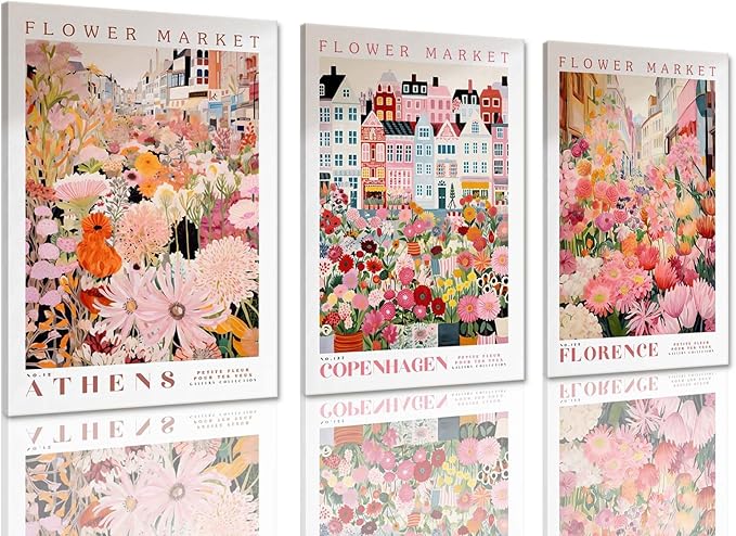 XLARTMY Flower Market Wall Art Print Canvas Framed Pink Floral Paintings Colorful Botanical Sunflower Artwork Travel Poster for Decor Picture 3 pieces for Living Room Bedroom Bathroom 12x16in