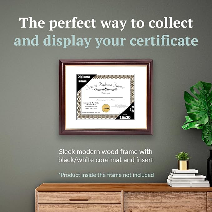 Creative Picture Frames Mahogany Gold Rim Black Diploma Frame with White Mat Glass and Installed Wall Hangers | Frame Holds 16x20 Media without Mat