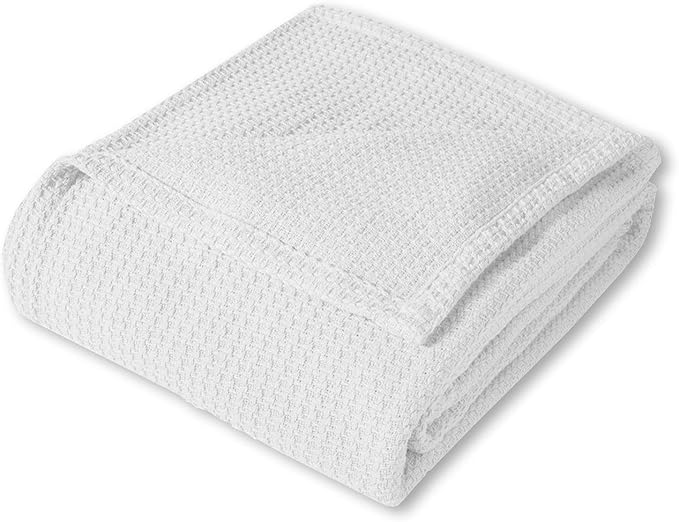 Sweet Home Collection 100% Fine Cotton Luxurious Basket Weave Blanket, White Full/Queen