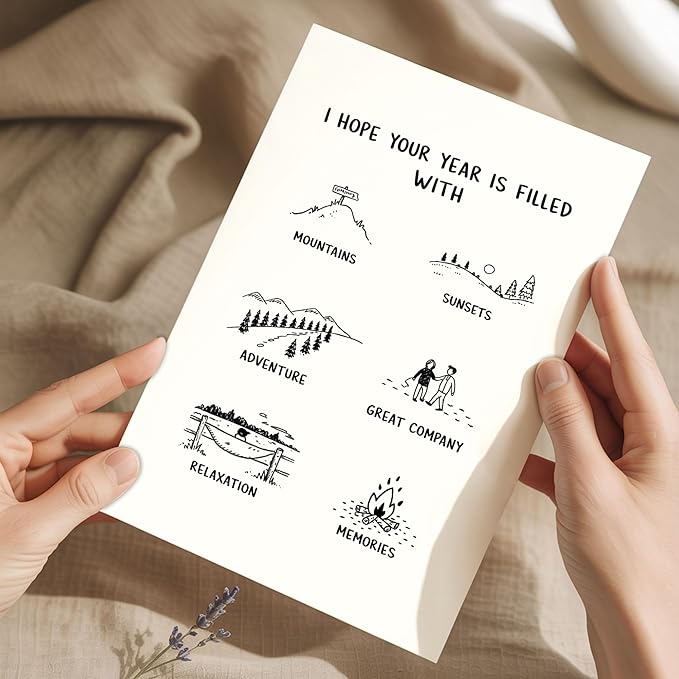 (5.3x8in) Hope Your Year Is Filled With Adventure New Year Card with Envelope, Minimalist Black and White Line Art Greeting, Inspirational Holiday Card for Friends, Family, Coworkers (Xmas 39)