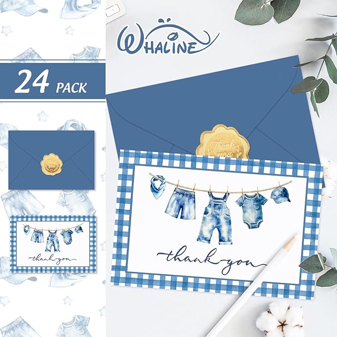 Whaline 24 Pack Blue Jean Baby Shower Thank You Cards Greeting Cards Blank Note Card with Envelopes Stickers for Birthday Gender Reveal, 4 x 6 Inch