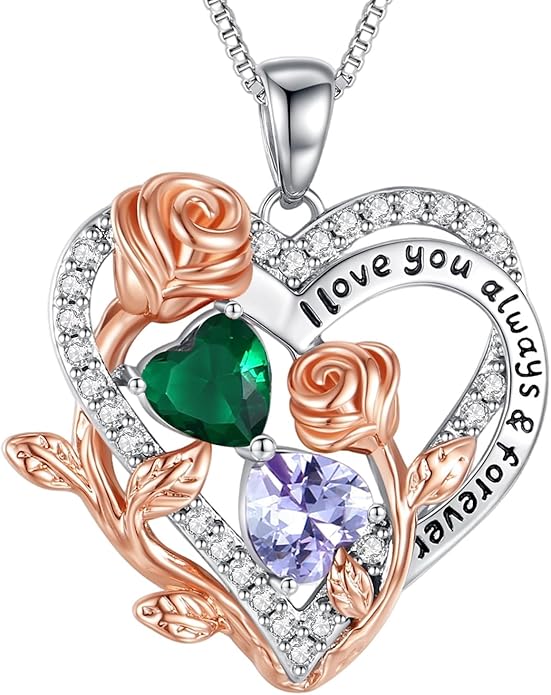 I Love You Birthstone Necklace, 925 Sterling Silver Heart Pendant with CZ Diamond Stones, Birthday Gifts for Women, Romantic Gift for Wife, Girlfriend, Her, Anniversary, Valentine's Day, Christmas