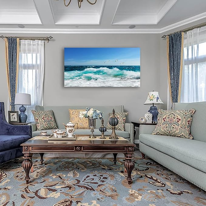 tigeridge Sea Beach Canvas Wall Art for Living Room Wall Decor Ocean Waves Canvas Pictures Blue Surfing Water Seagull Canvas Prints Artwork Office Home Wall Decorations Framed Ready to Hang 29" x 58"