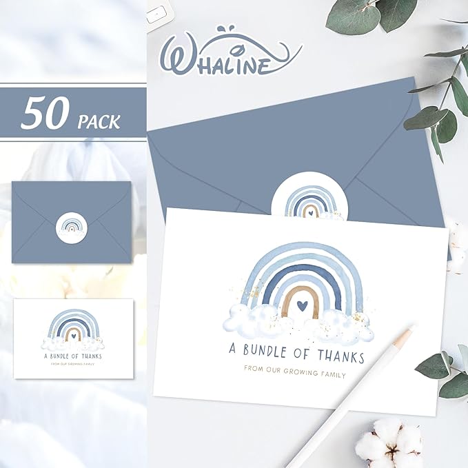 Whaline 50 Pack Blue Rainbow Thank You Cards Boxed A Bundle of Thanks from the Growing Family Note Cards with Envelope Sticker Greeting Blank Card for Birthday Baby Shower