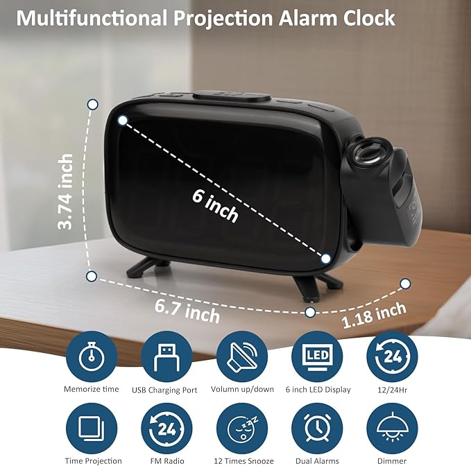 Digital Projection Alarm Clocks for Bedrooms - Large LED Display, 180° Rotatable Projector, 2-Level Dimmer,USB Charger,Battery Backup,Loud Dual Alarms for Kids Elderly,Heavy Sleepers,Snooze,12/24H,DST