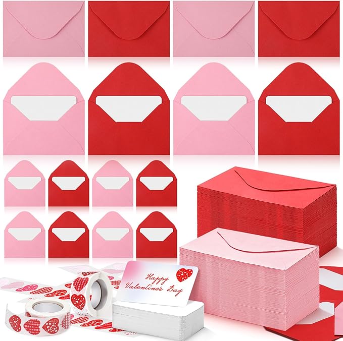 400 Set Mini Patriotic Greeting Cards with Envelopes Stickers July 4th Memorial Day Red White Blue Small Greeting Cards Bulk Blank Note for Independence Veterans Day Supplies(Red,pink)