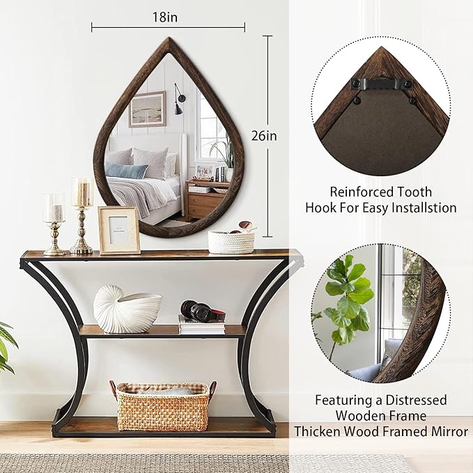 Teardrop Mirror Wall Decor Large Wall Mounted Mirrors with Wood Frame Vintage Wall Art Mirror Rustic Farmhouse Decorative Mirrors for Bathroom Entryway Living Room