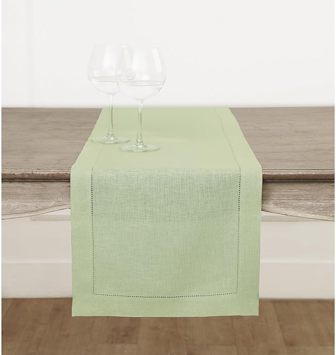 Solino Home Linen Sage Green Table Runner 108 Inches Long - 100% Pure Linen 14 x 108 Inch Table Runner for Spring, Easter, St Patricks Day - Classic Hemstitch