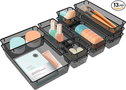 13 PCS Clear Plastic Drawer Organizers Set, 4 Size Desk Drawer Organizer Trays for Makeup, Jewelry, Kitchen Utensils, Gadgets and Office Accessories, Black