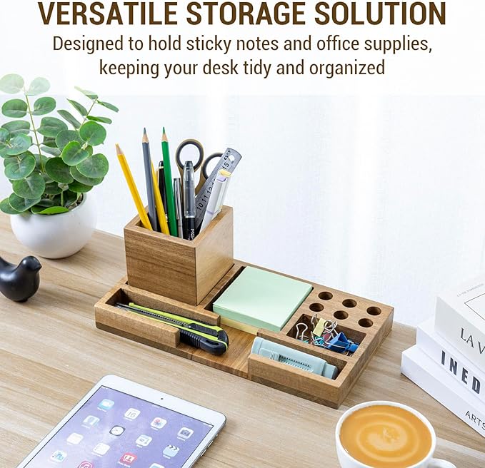 MyGift Acacia Solid Wood Desktop Stationery Holder - Sticky Note & Office Supplies Storage Tray - Organizing Desk Organizer for Office, Home, and Workspaces