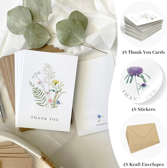 48 Pack Floral Thank You Cards with Envelopes, Wildflower Thank You Notes with Kraft Envelopes for Wedding Bridal Shower Baby Shower Teachers Graduation, 4 x 6 Inch