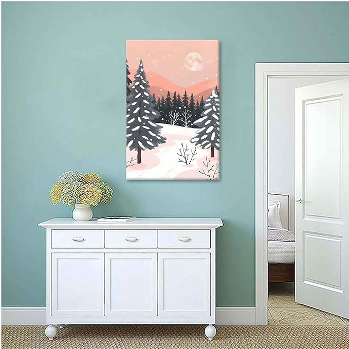 Framed Canvas Wall Art serene winter landscape art print Christmas snow cosy winter's day 16x24in Wood Framed