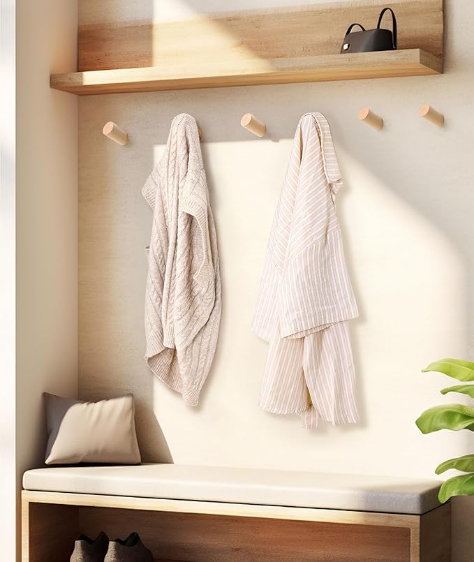 Wood Wall Hooks for Hanging, 6 Pack Hat Hook for Walls, Coat Hook Wall Mount, Backpack Hooks for Walls, Bathroom Towel Hanger (Natural)