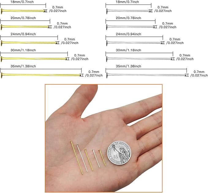 1000pcs Assorted Head Pins Set for Jewelry Making,Flat Head Pins Beading Pins Jewelry Head Pins Kit Head Pins Eye Pins Supplies for Earrings Beading DIY Crafts,18/20/24/30/35mm(Silver,Gold)