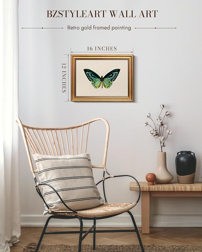 Bzstyleart Vintage Wall Art Decor,Vintage Gold Framed Wall Art,Green Butterfly Frmaed Artwork for Office,Aesthetic Canvas Picture Print,Painting for Bedroom Living Bathroom,Halloween Pictures Framed,12 x 16 Inch