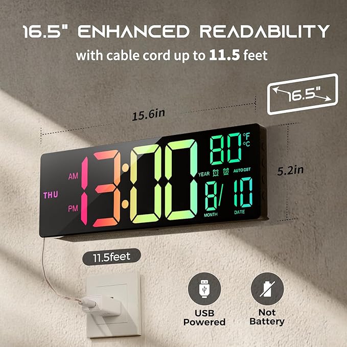 16.5" Large Digital Wall Clock with BT Sync, RGB Lights with 11 Scenes Mode Remote Control, Dual Alarms with Big LED Display, Auto DST, Temperature for Classroom Gaming