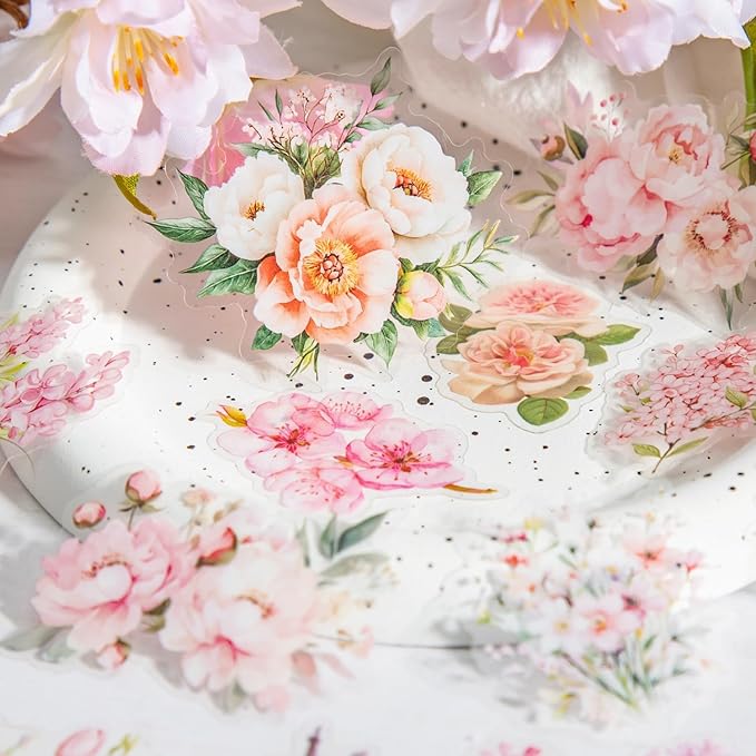 180Pcs Floral Scrapbook Stickers for Junk Journal, Nature Flower Clear PET Stickers for Scrapbooking, Planner, Journaling Supplies, Bullet Journal, Crafting (Pink Garden)