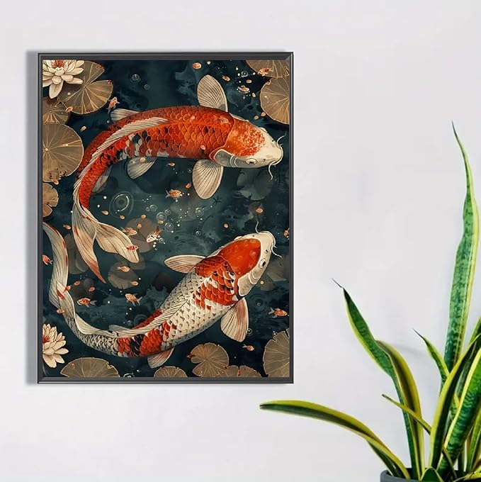 JFYHAB Koi Fish Diamond Art Kits for Adults, Scenery Fish DIY Full Drill Diamond Painting Kits for Beginners, 5D Gem Art Crafts for Adults, Home Wall Decor 12x16 inch
