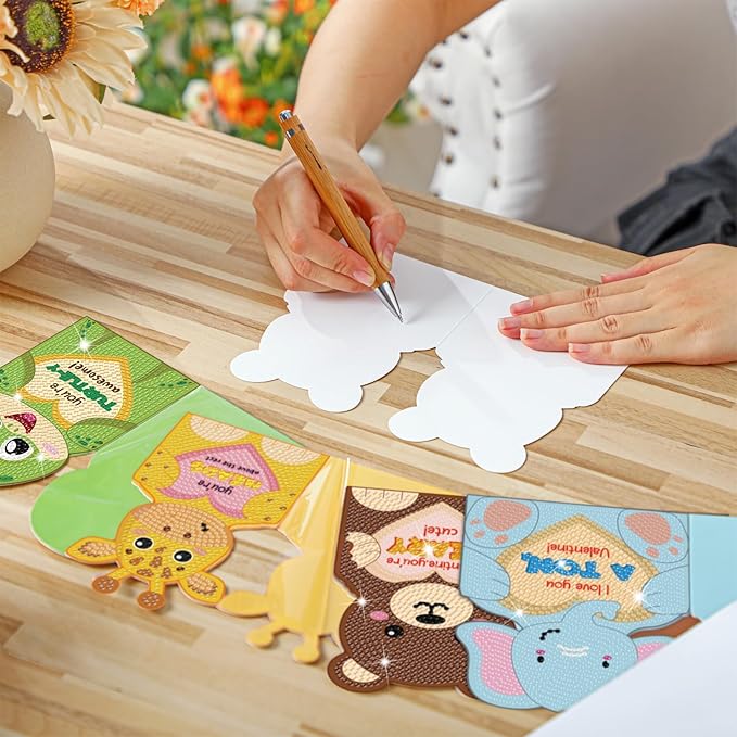 Saillong 12 Pack Valentine's Day Diamond Painting Greeting Card Kit Animal Diamond Art Cards with Envelopes Valentine 5D Rhinestones Painting Making Kits for Adult DIY Craft Family Friend Holiday Gift