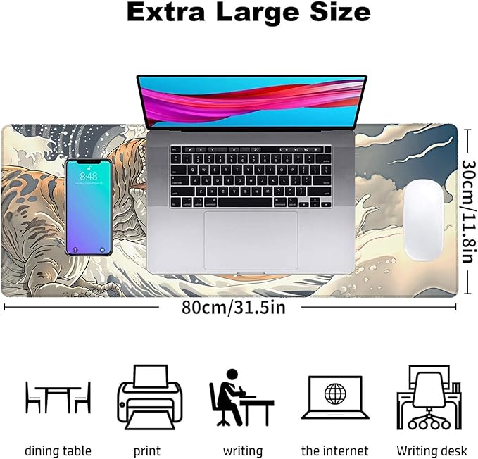 Dinosaur Wave Gaming Mouse Pad, Office Desk Mat, Anti-Slip Rubber Base Cool Aesthetic Mouse Pads for Computer Laptop Keyboard School Home Desktop Gamer Home Accessories Decor 31.5" x 11.8"