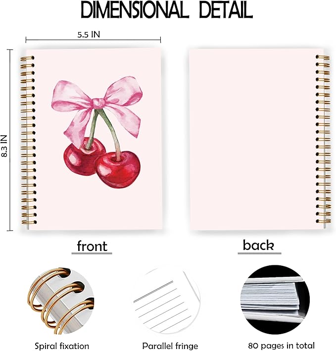 Coquette Pink Bow Cherry Notebook, Pink Girly Spiral Notebook 5.5x8.3, Preppy Aesthetic Journal for Women, Coquette Girly Office Supplies, Preppy Gifts for Women, Spiral Journal
