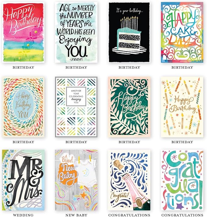 Designer Papers All-Occasion Greeting Card Boxed Assortment (24 Cards with Envelopes) Multicolor Striped Organizer Box – Birthday, Thank You, Get Well, Sympathy, Wedding, New Baby and Congratulations
