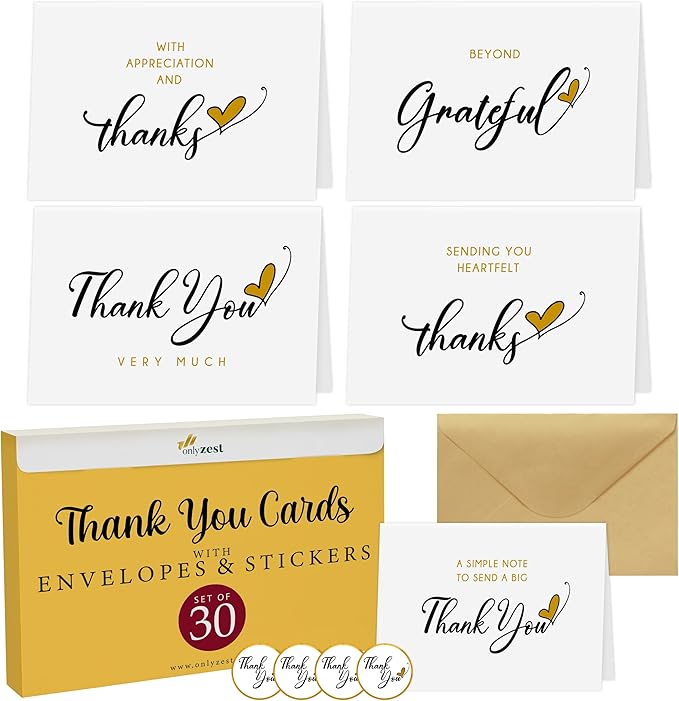 30 Pack Blank Thank You Cards—4 x 6 Inches Simple Thank You Notes with Envelopes and Stickers, Minimalist Bulk Box Set for Weddings, Baby Showers, Small Businesses, Birthdays, Holiday