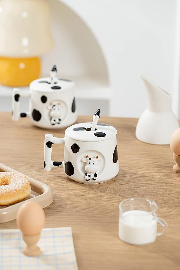 DIHOclub Adorable 3D Ceramic Cow Mug with Lid and Spoon - Perfect for Coffee, Tea, Milk, and More - Ideal Gift for Animal Lovers Gift for Mather- 14 Ounces(BLack white)