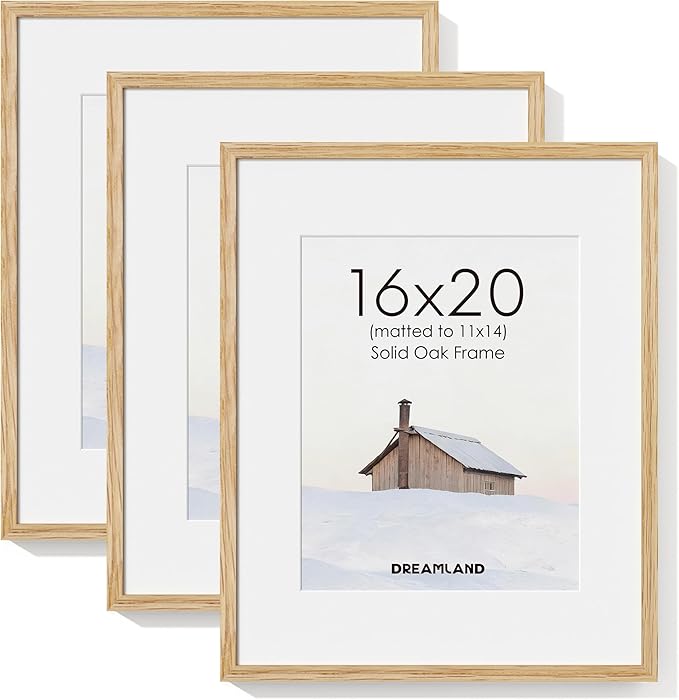 Dreamland 16x20 Picture Frame, Natural Oak Wood Photo Frame with Mat for 11x14, 16 x 20 Matted Picture Frames with Tempered Real Glass for Wall Art Photo and Prints, Oak Color, Set of 3