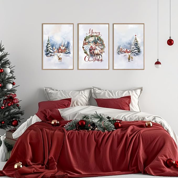 HPINUB Christmas Santa Reindeer Framed Canvas Wall Art Set Sleigh Deer Winter Snow Forest Tree Wall Decor Wonderland Art Print for Living Room,Bedroom,Party-24 x36 x3