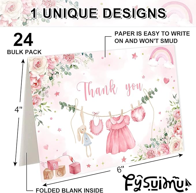 24 Pack Baby Shower Thank You Cards Pink Baby Cloth Floral Greeting Cards with Envelopes Stickers Blank Note Cards for Girl Birthday Baby Shower, 4 x 6 Inch