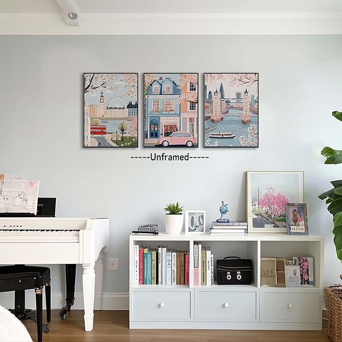 XLARTMY Watercolor City Landscape Travel Wall Art Canvas Framed Pink Cherry Flower Poster Girly Prints Painting Pictures Set of 3 for Bedroom Living Room Office 16x24in Unframed