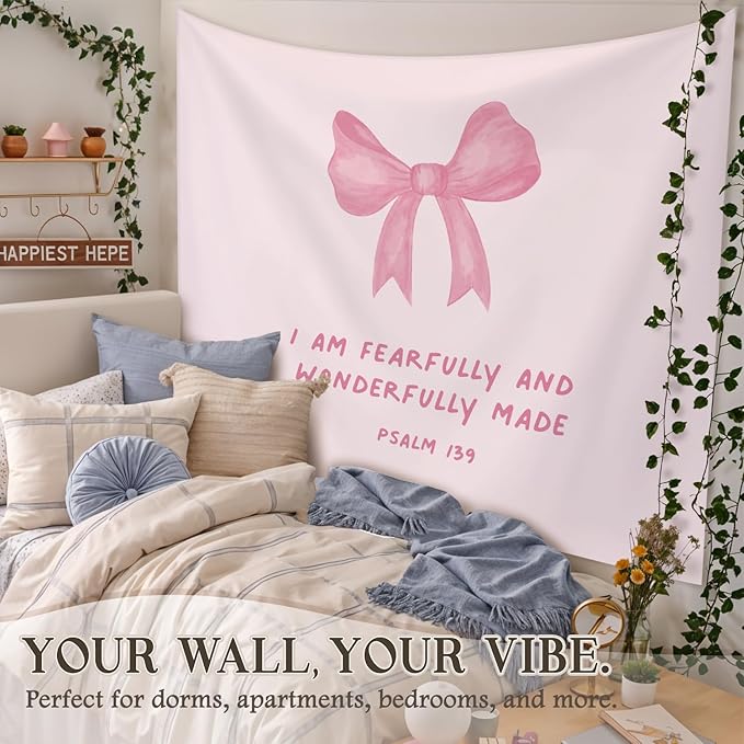 STHTTSW Pink Bow Christian Tapestry, I Am Fearfully And Wonderfully Made Tapestries Wall Blanket, Cute Coquette Tapestry Decor for Girl College Dorm Apartment Bedroom Church, 50x60 Inch