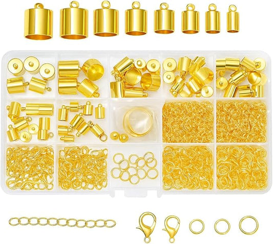 Mandala Crafts Gold Tone Leather Cord End Caps for Jewelry Making, Tassel Caps, Assorted Sizes 840 PCs Cylinder Cord Ends, Kumihimo Supplies and Jewelry Findings