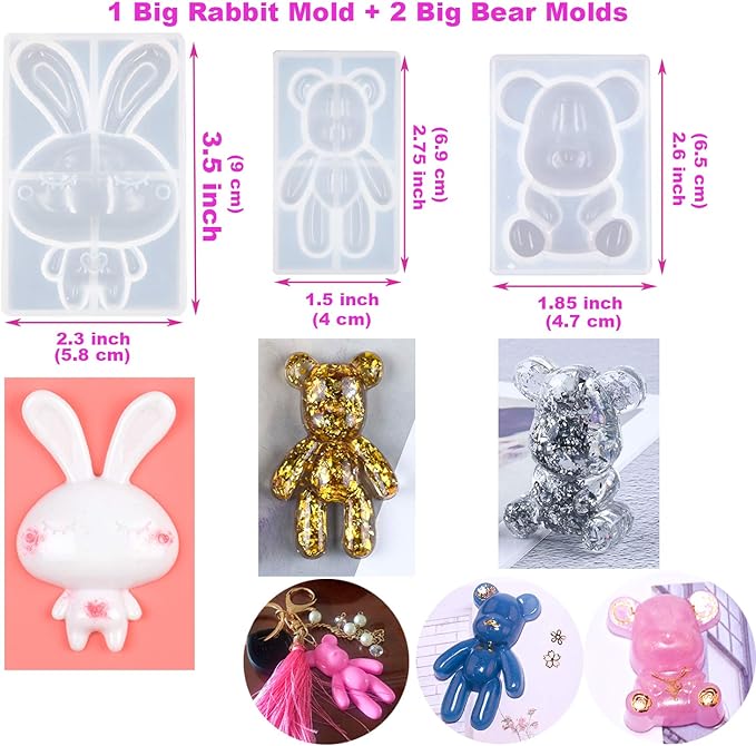 EuTengHao 132Pcs Animal Silicone Molds DIY Resin Casting Kit Contains 4 Bears 3D Bear Rabbit Cat Paw Mold Necklace Pendant Time Gem Eiffel Tower Jewelry Crystal