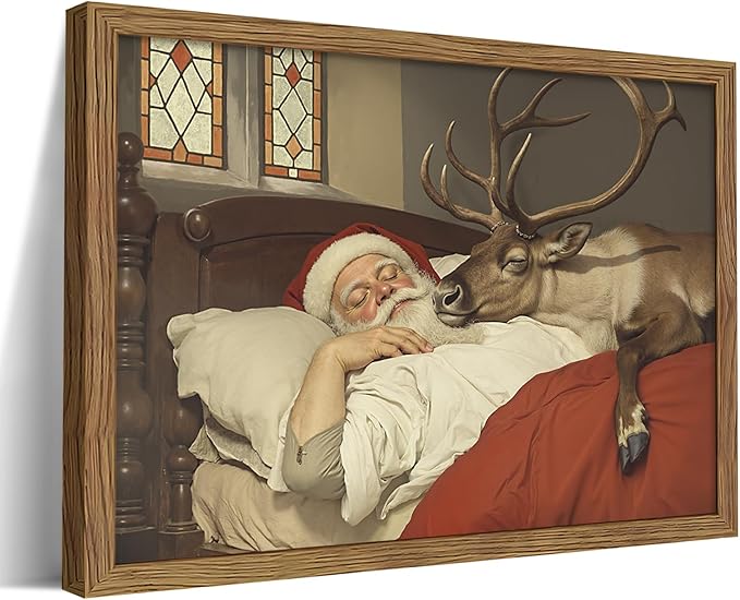 Framed Christmas Wall Art, Vintage Santa Claus and Reindeer Canvas Prints Winter Holiday Home Decor Christmas Wall Decor for Bedroom Living Room – 16x24in