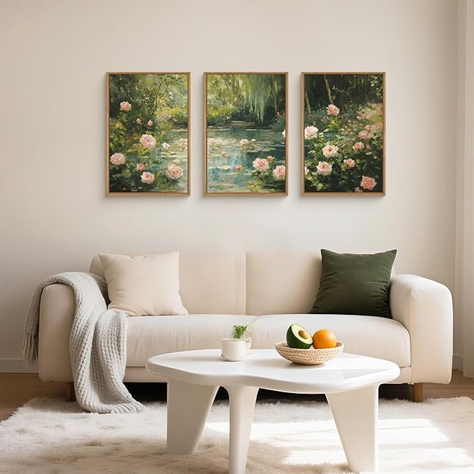 Watercolor Flower Tree Framed Canvas Wall Art Set,Natural White Pink Rose Wildflower Wall Decor,Vintage Dark Green Botanical Artwork for Living Room, Bedroom,Farmhouse- 24"x36"x3