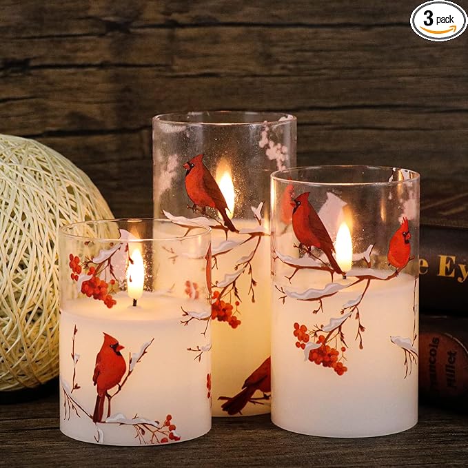 GenSwin Red Bird Glass Flameless Candles with Remote Timers, Battery Operated 3D Wick Led Flickering Light, Real Wax Pillar Candles for Christmas Home Decoration(Pack of 3, 3”x4”5”6”)