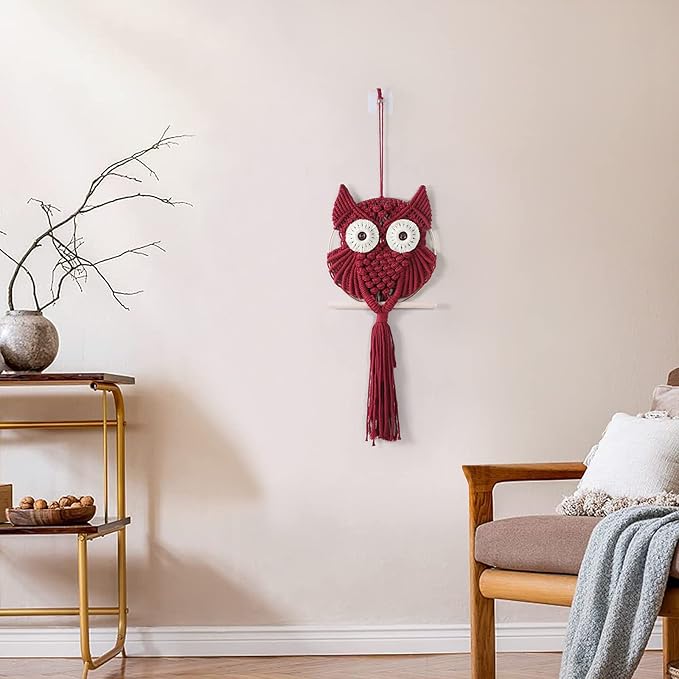 MVSUTA Owl Burgundy Cotton Handmade Macrame Wall Hanging Tapestry Home Decor Art and Red Craft Wonderful Decoration Woven Boho Ornament for Office Bedroom Apartment Living Room Nursery Gallery,1pc