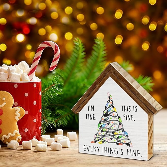 Funny Christmas Decorations, I'm Fine Everything Is Fine Christmas Lights House Shaped Wood Sign, Rustic Home Office Decor for Desk Table Shelf
