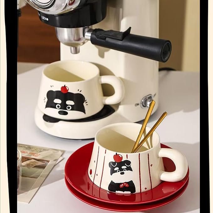 Cute Dog Couple Cup with Thick Grip, Ceramic Coffee Mug with Spoon, Gifts Suitable for Birthdays, Christmas, Halloween and Family Gatherings (Double Stripe)