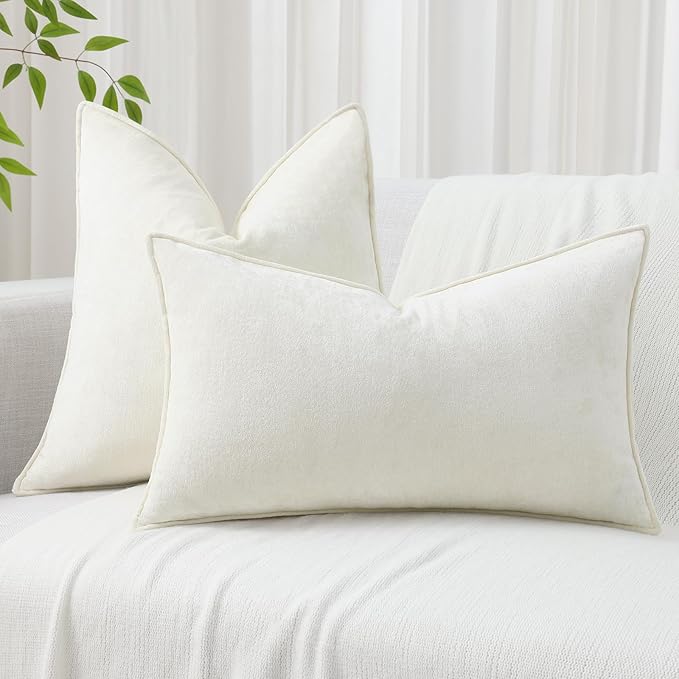decorUhome Spring Couch Throw Pillow Covers 12x20 Set of 2, Decorative Soft Velvet Neutral Chenille Lumbar Pillow Covers with Elegant Design for Sofa Bed Living Room Home Decor, Cream White