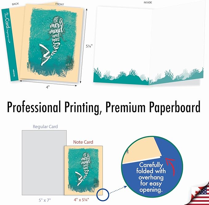 The Best Card Company - 10 Blank Note Cards (4 x 5.12 Inch) - Fun Mythical Fantasy Cards, Assorted Greetings Boxed - Mermaid Quotes AM6824OCB-B1x10-NB